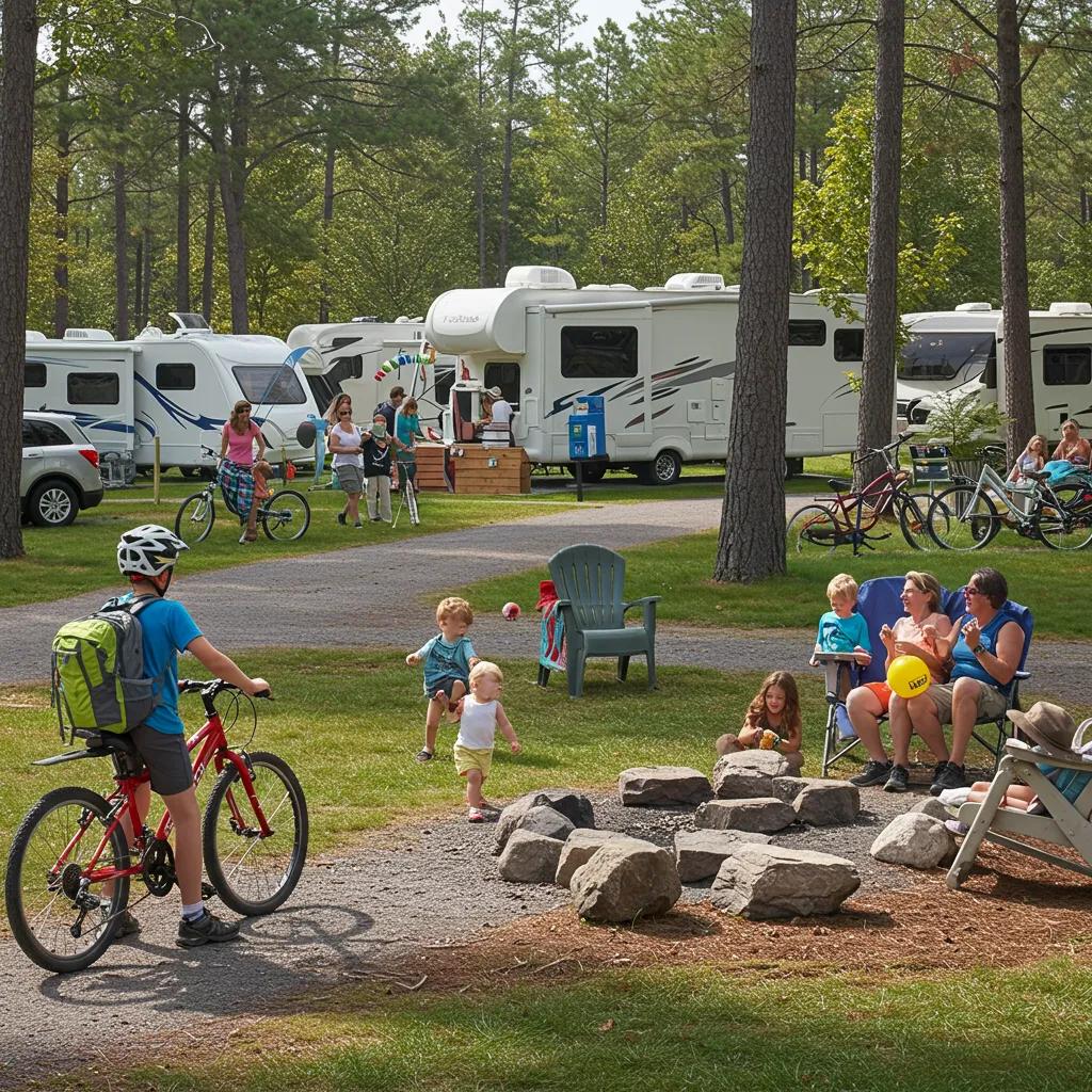 A scenic campground with families enjoying outdoor activities, highlighting the appeal of campground properties for sale