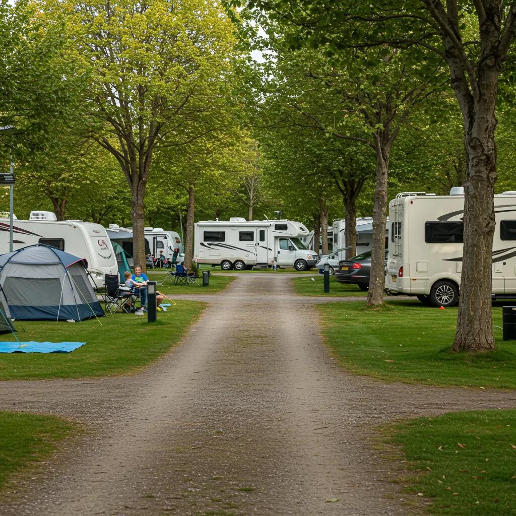 A scenic campground with RVs and families enjoying outdoor activities, representing local campground real estate