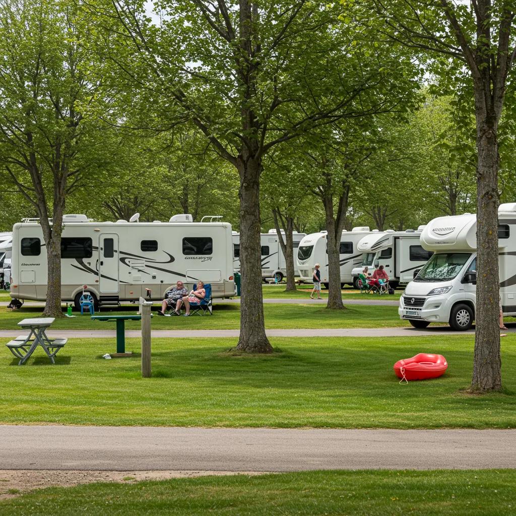 A scenic view of a family-friendly RV resort with green landscapes and happy campers