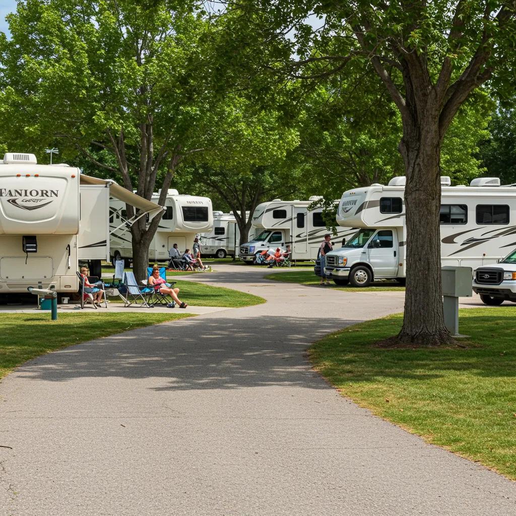 A scenic view of a well-maintained RV resort with families enjoying outdoor activities