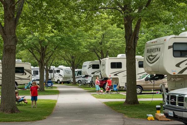 A scenic view of a well-maintained RV resort with families enjoying outdoor activities