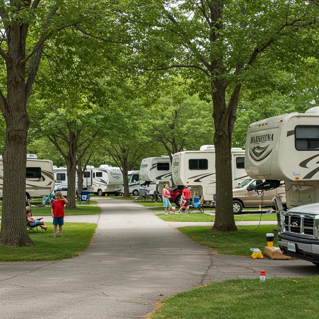 A scenic view of a well-maintained RV resort with families enjoying outdoor activities