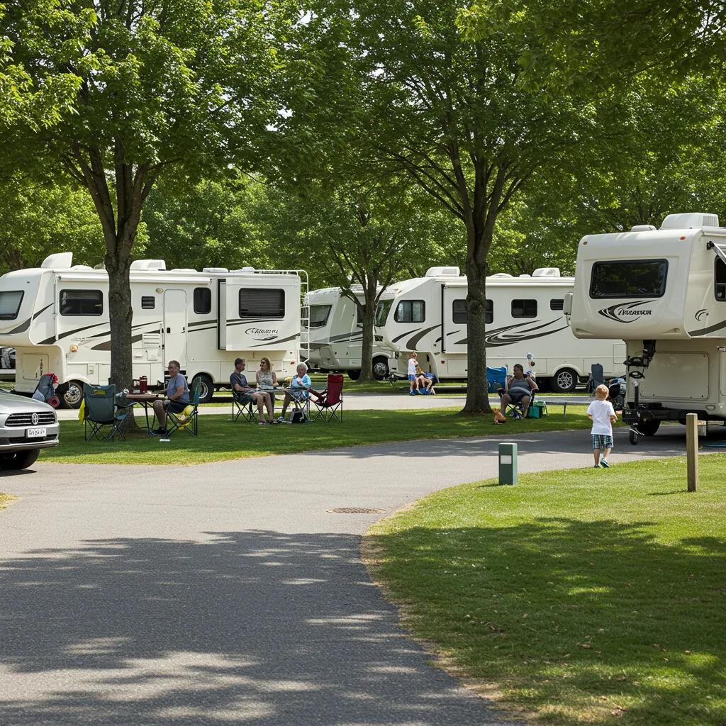 A scenic view of an RV resort with families enjoying outdoor activities, highlighting the community and leisure aspects of RV living.