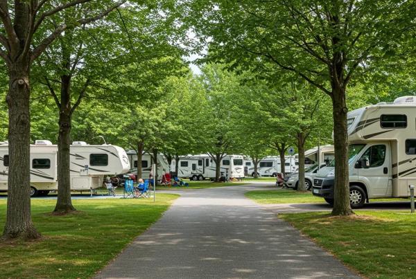 A scenic view of an RV resort with well-maintained sites and families enjoying outdoor leisure