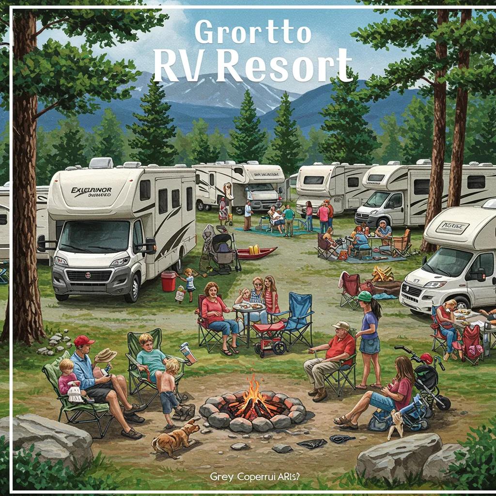 A lively RV park scene with families enjoying amenities, illustrating the robust growth of the RV resort market.