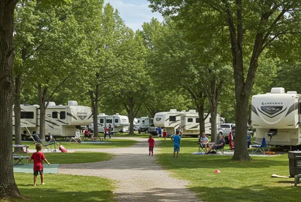 A vibrant RV park scene with families enjoying outdoor activities, representing campground brokerage