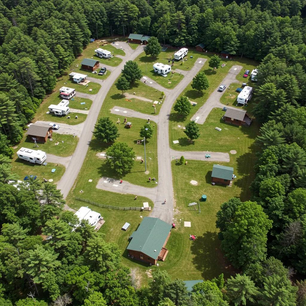 Aerial view of a well-maintained campground with various amenities