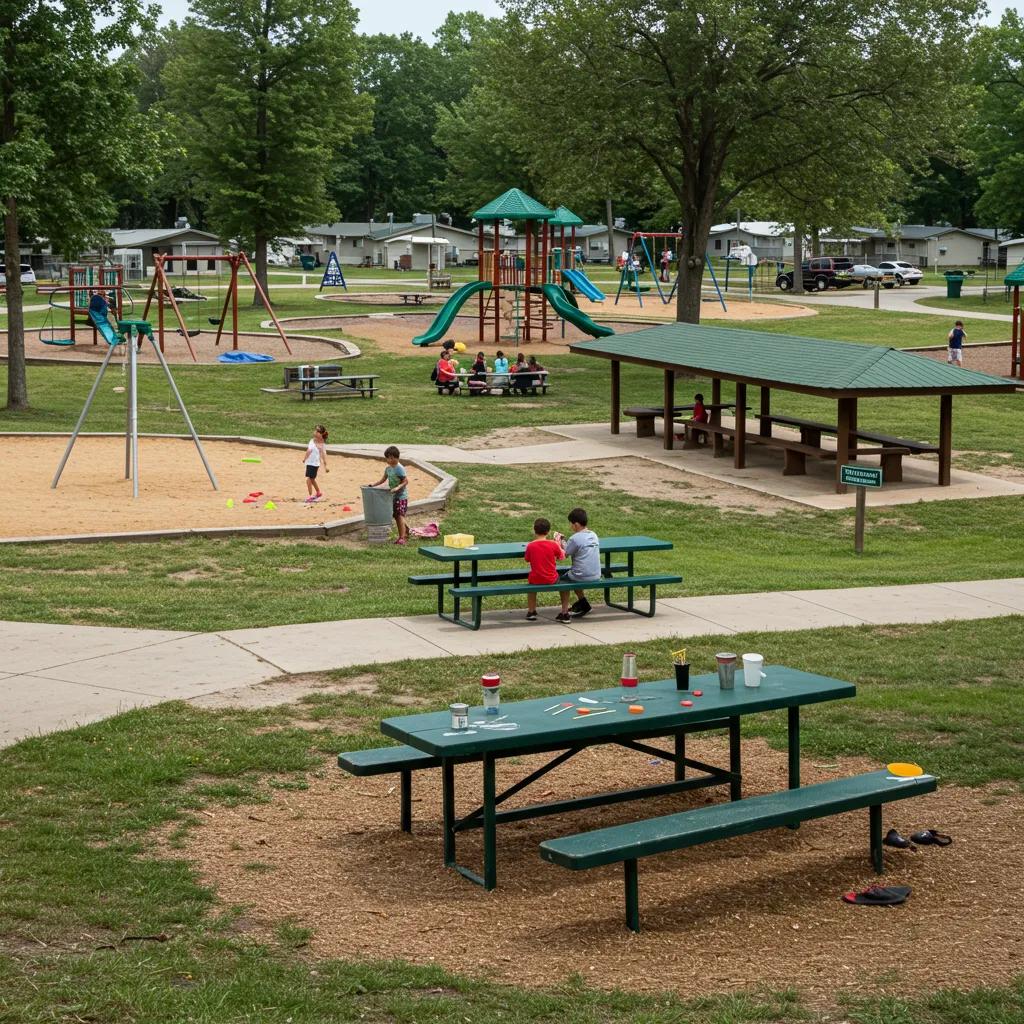 Amenities at Camp Dearborn supporting seasonal events, featuring pavilions and family activities