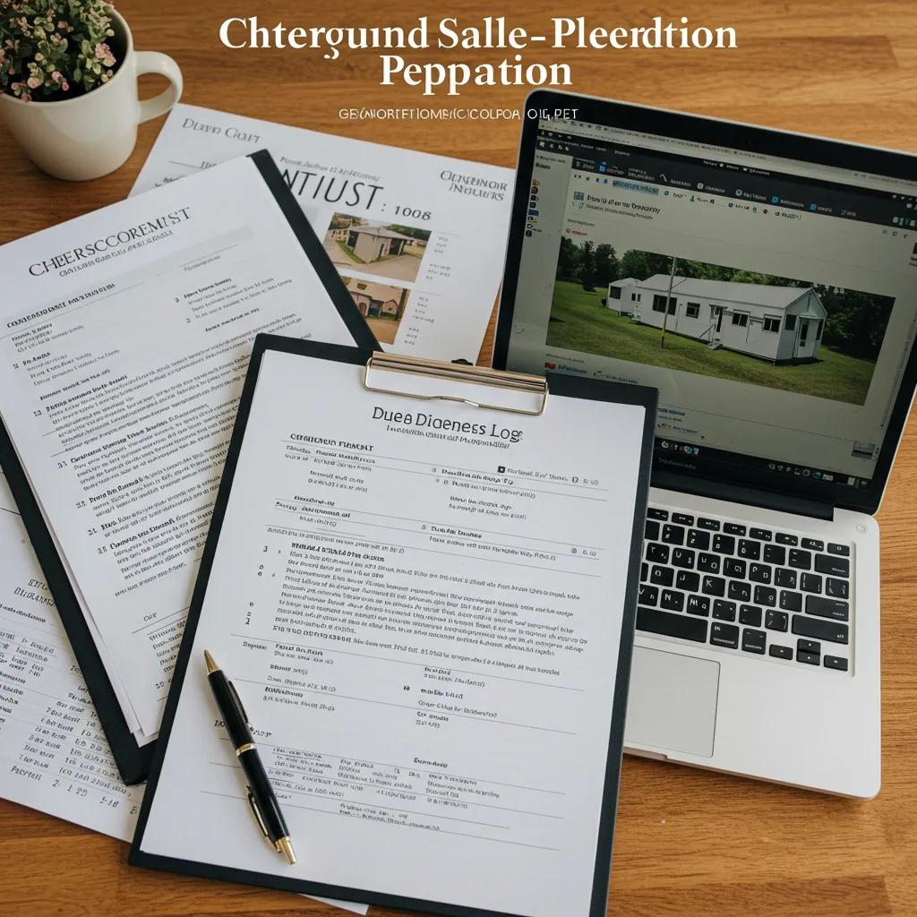 An organized workspace with documents and a checklist for preparing a campground for sale, emphasizing the importance of readiness