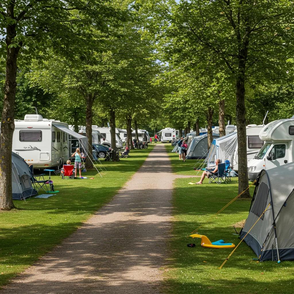 Beautiful campground scene with families enjoying outdoor activities and well-maintained RV sites