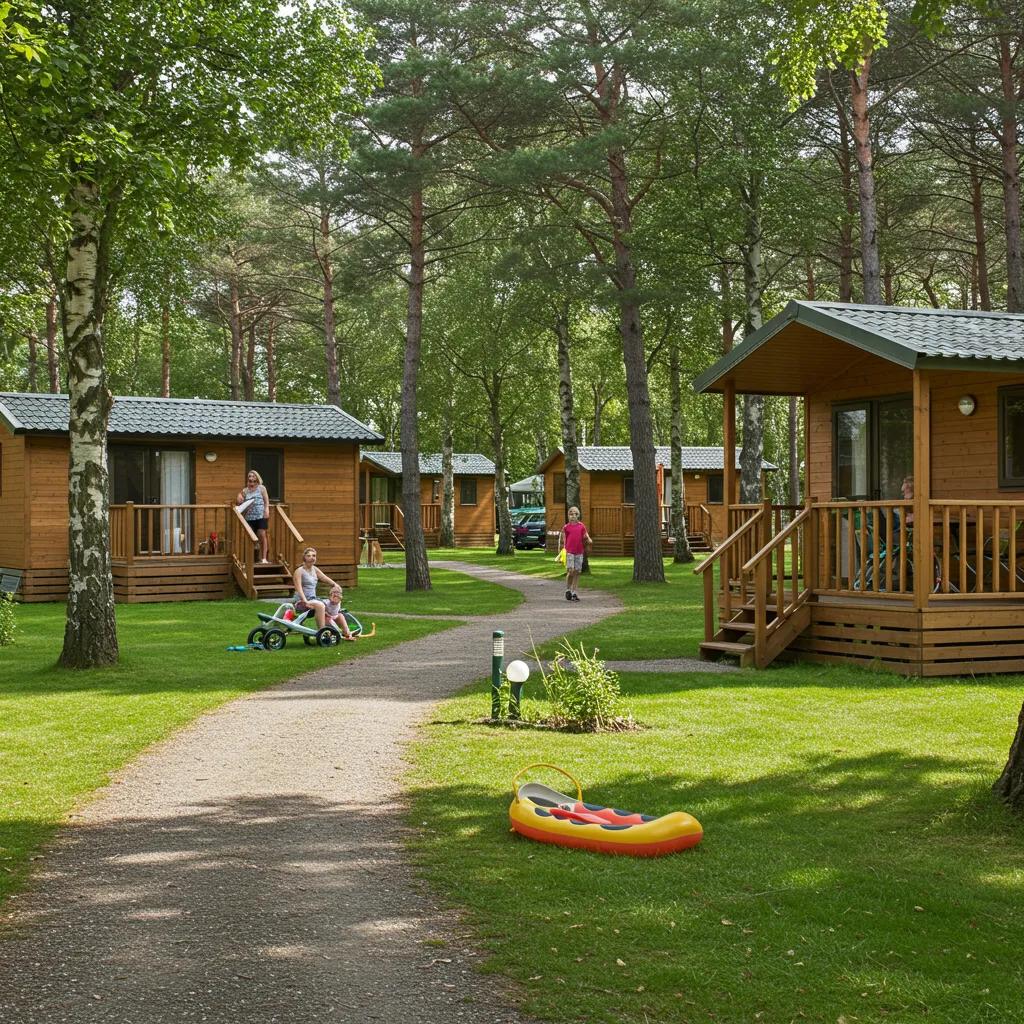 Beautiful campground with families enjoying nature and cozy cabins