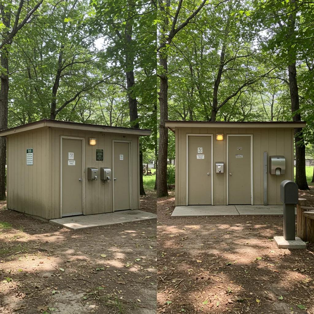Before-and-after comparison of campground restroom renovations showcasing modern upgrades