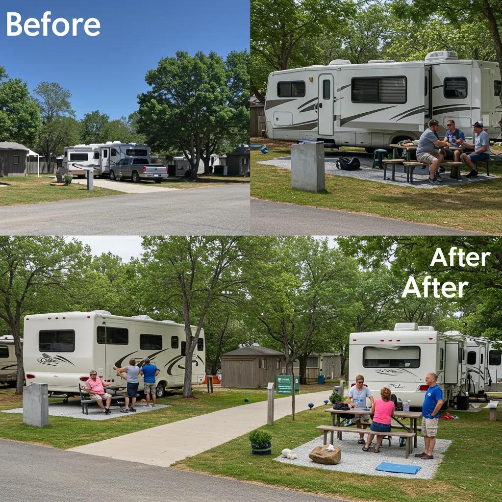 Before-and-after image of RV park maintenance and enhancements showcasing improved amenities