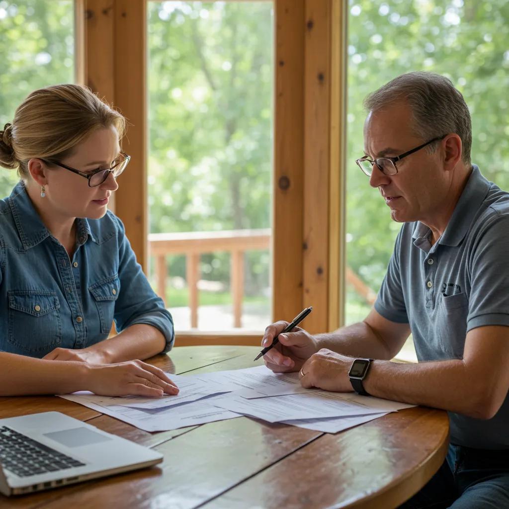 A broker and campground owner reviewing transition plans together at a table, surrounded by documents and a laptop