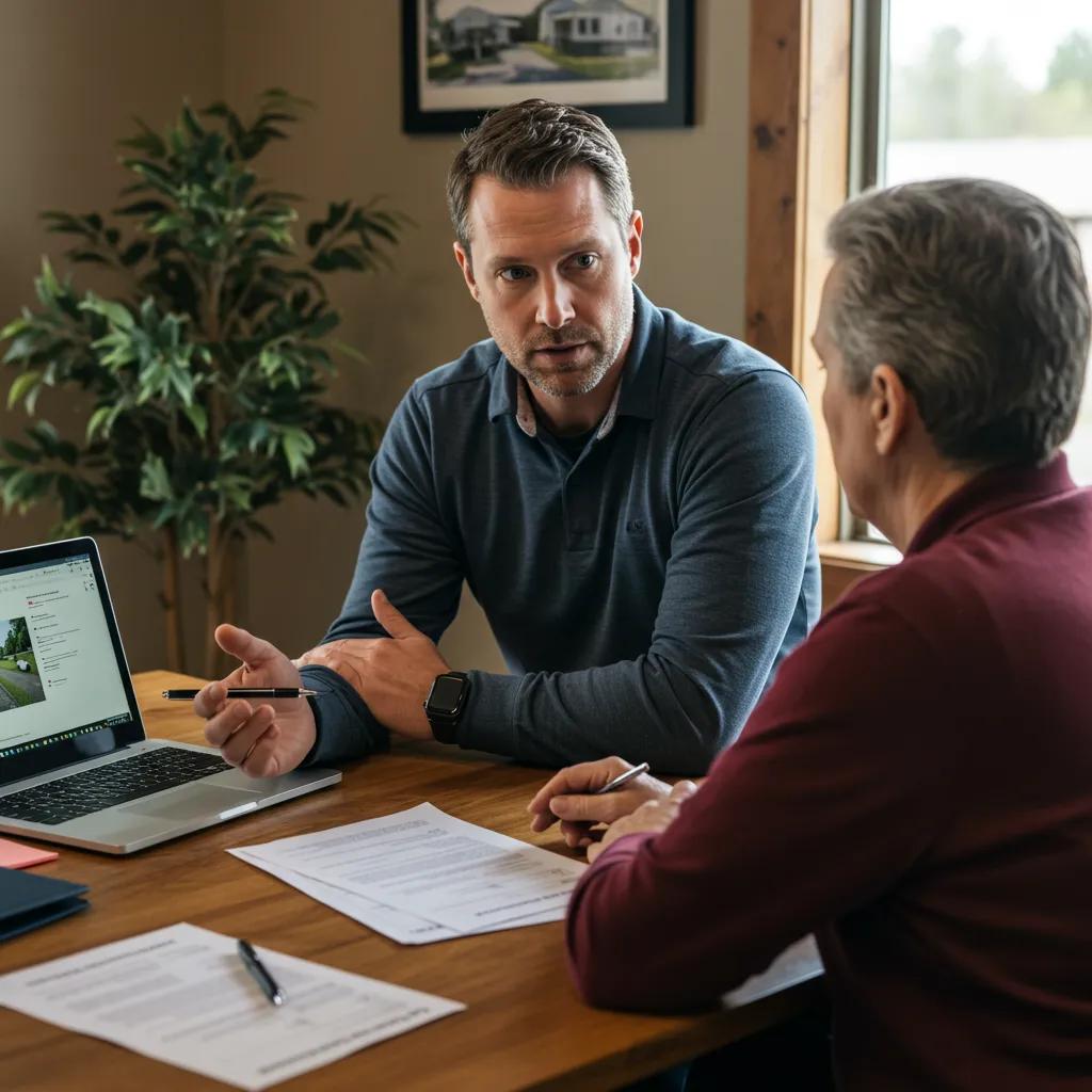 A broker consults with a seller about campground services in a professional setting