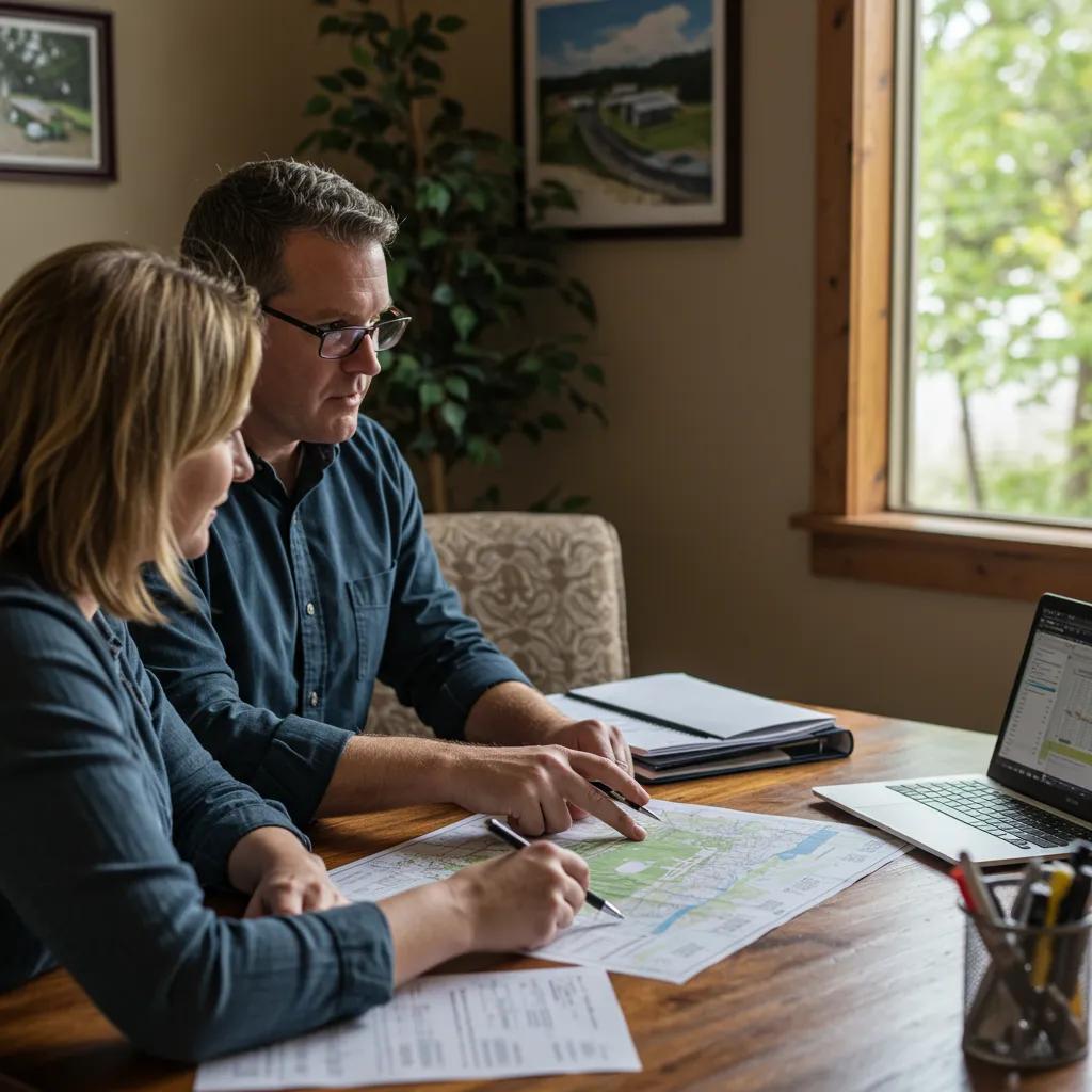 Broker discussing campground details with a potential buyer in a professional setting