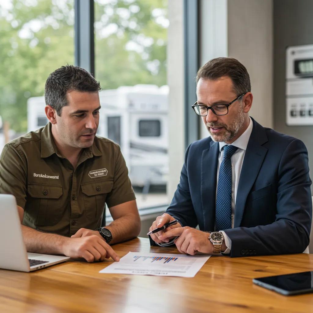 Broker discussing financial documents with campground owner in a professional setting