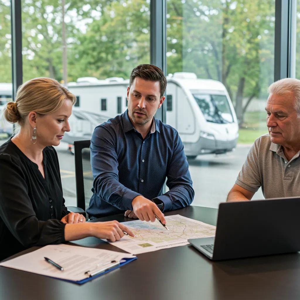 Broker discussing services with campground owners in a professional setting
