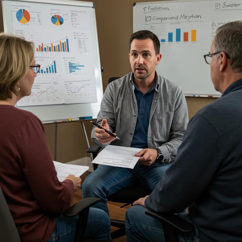 Broker explaining campground valuation methods to a property owner in a professional office setting