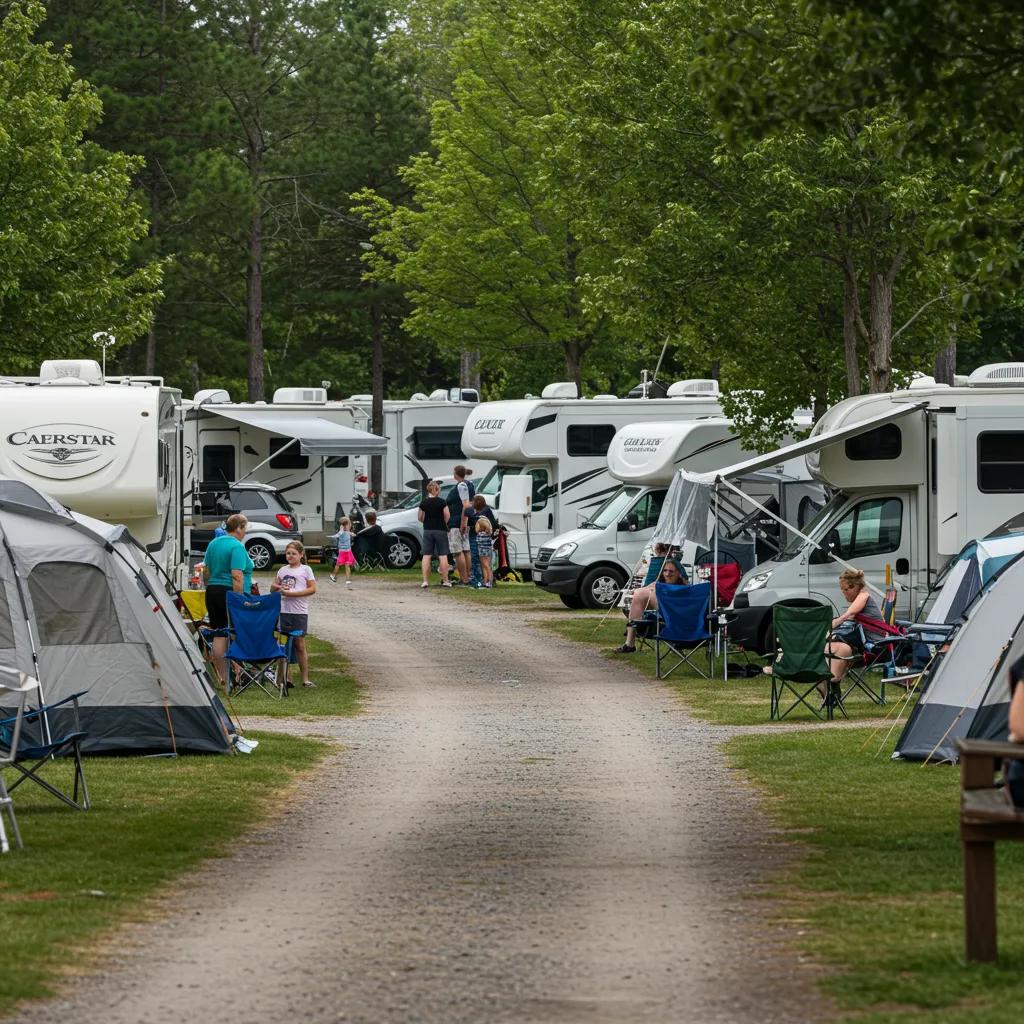 A bustling campground during peak season with families enjoying recreational activities and modern amenities