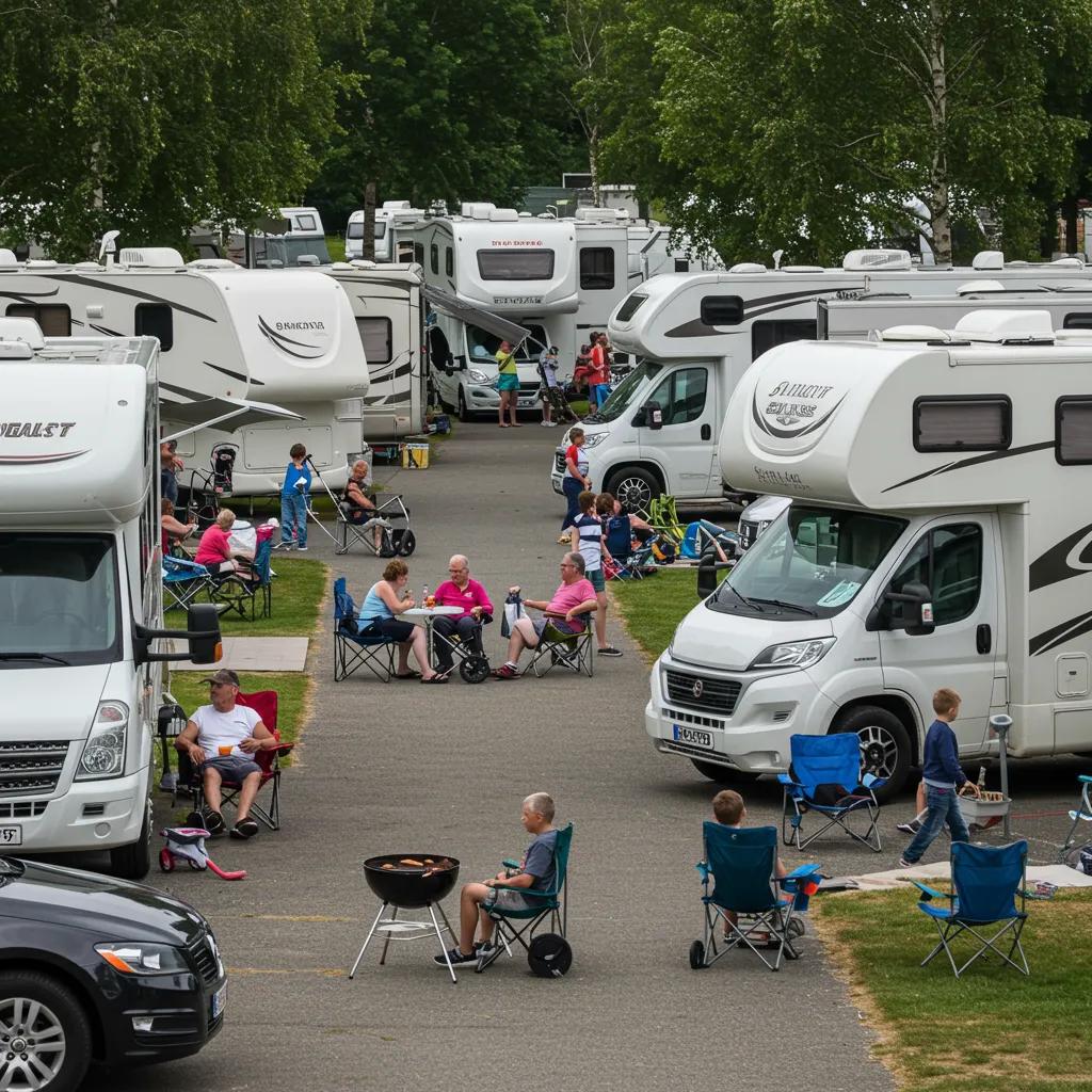 Vibrant RV park filled with diverse travelers enjoying outdoor activities, illustrating current market trends