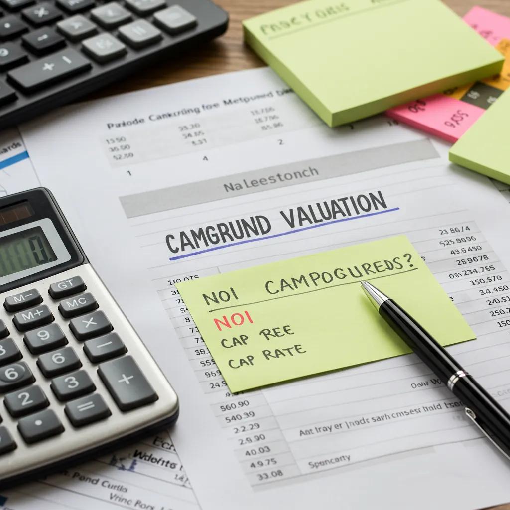 Calculator and financial documents on campground valuation metrics, highlighting the valuation process for sellers