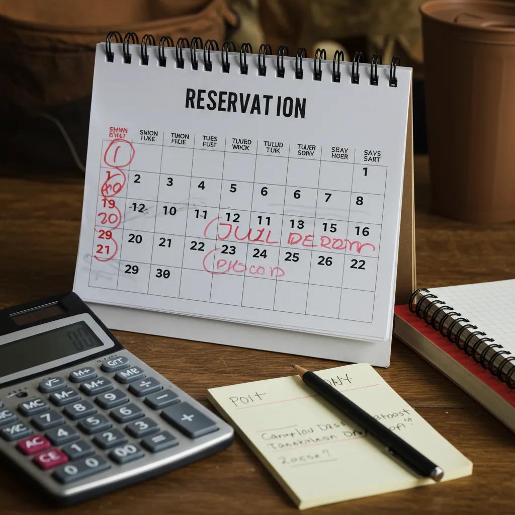 Calendar with highlighted dates and reminders for camping reservation deadlines, emphasizing planning and financial awareness