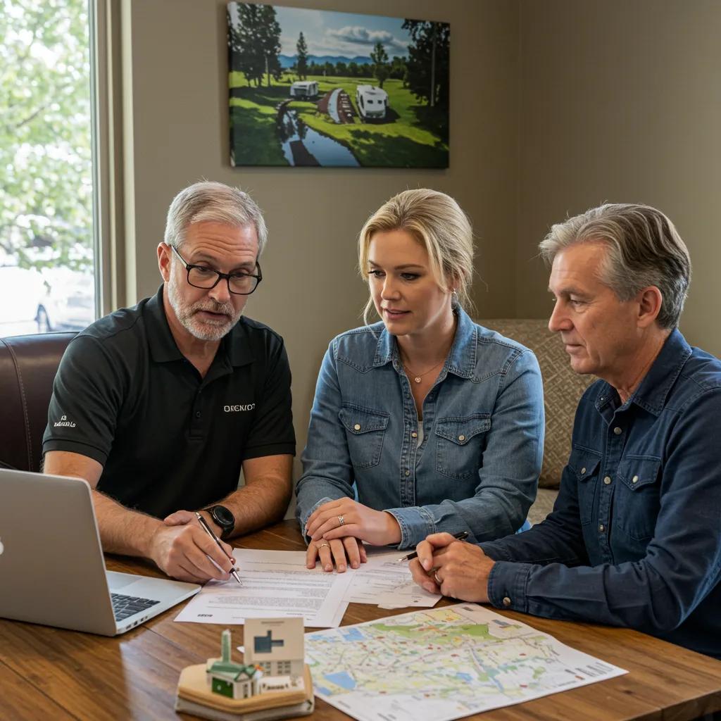 Campground broker assisting clients with property listings, showcasing professional services and guidance