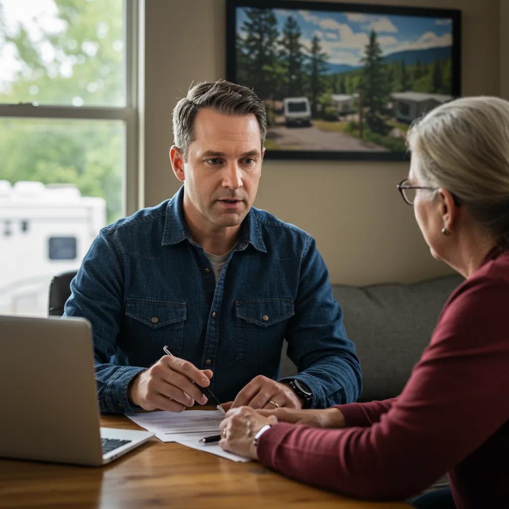 Campground broker consulting with a property owner in a professional office setting