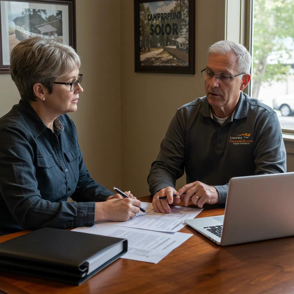 Campground broker consulting with a seller about services and documentation