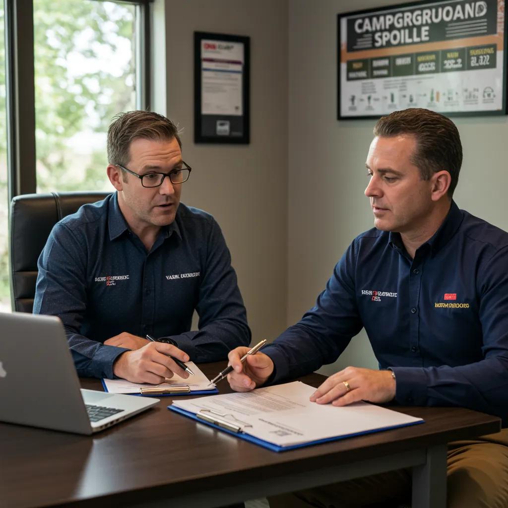 Campground broker consulting with a seller, emphasizing professional advantages in selling