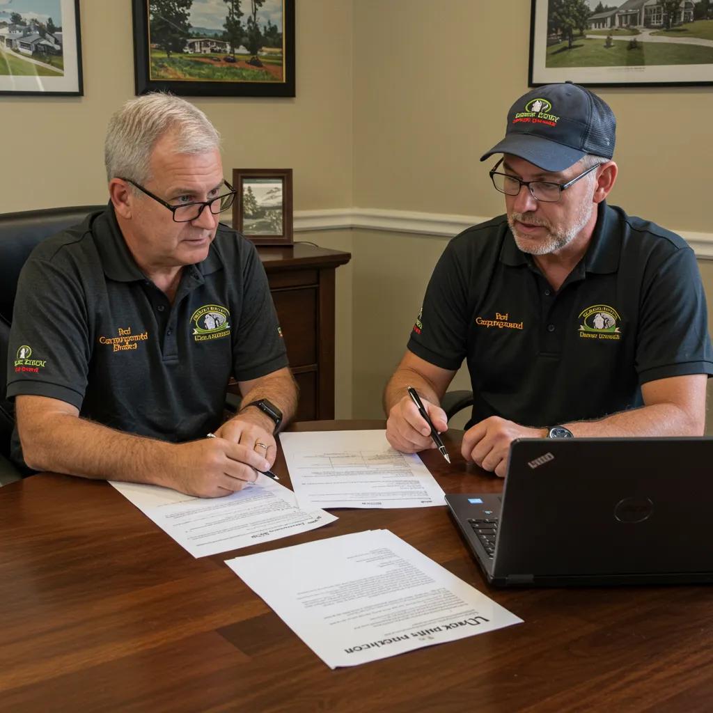 Campground broker consulting with a seller, highlighting professional services in campground sales