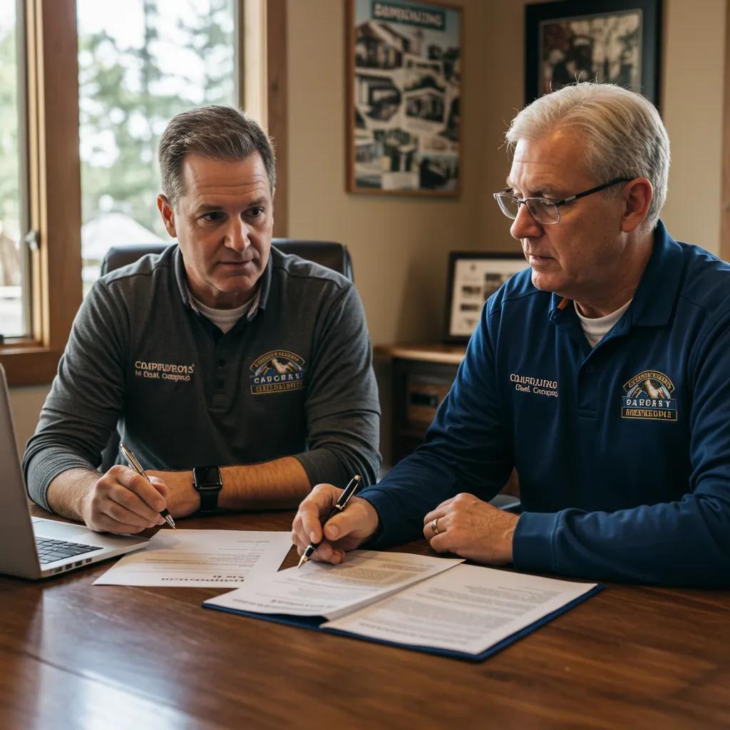 Campground broker consulting with a seller in an office, illustrating the advantages of using expert agents