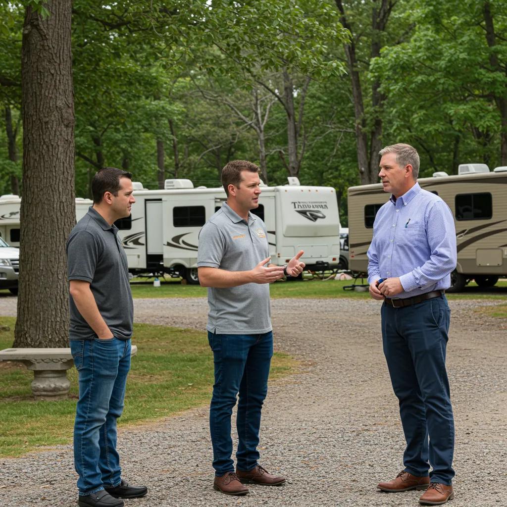 Campground broker consulting with owners, highlighting specialized expertise