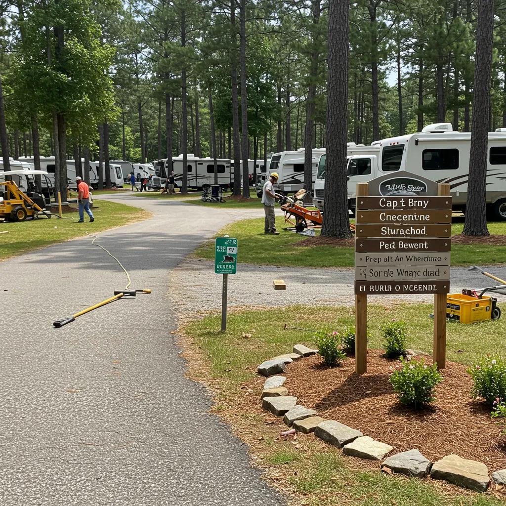 Campground sites undergoing improvements with workers enhancing landscaping and sites, illustrating efforts to increase property value