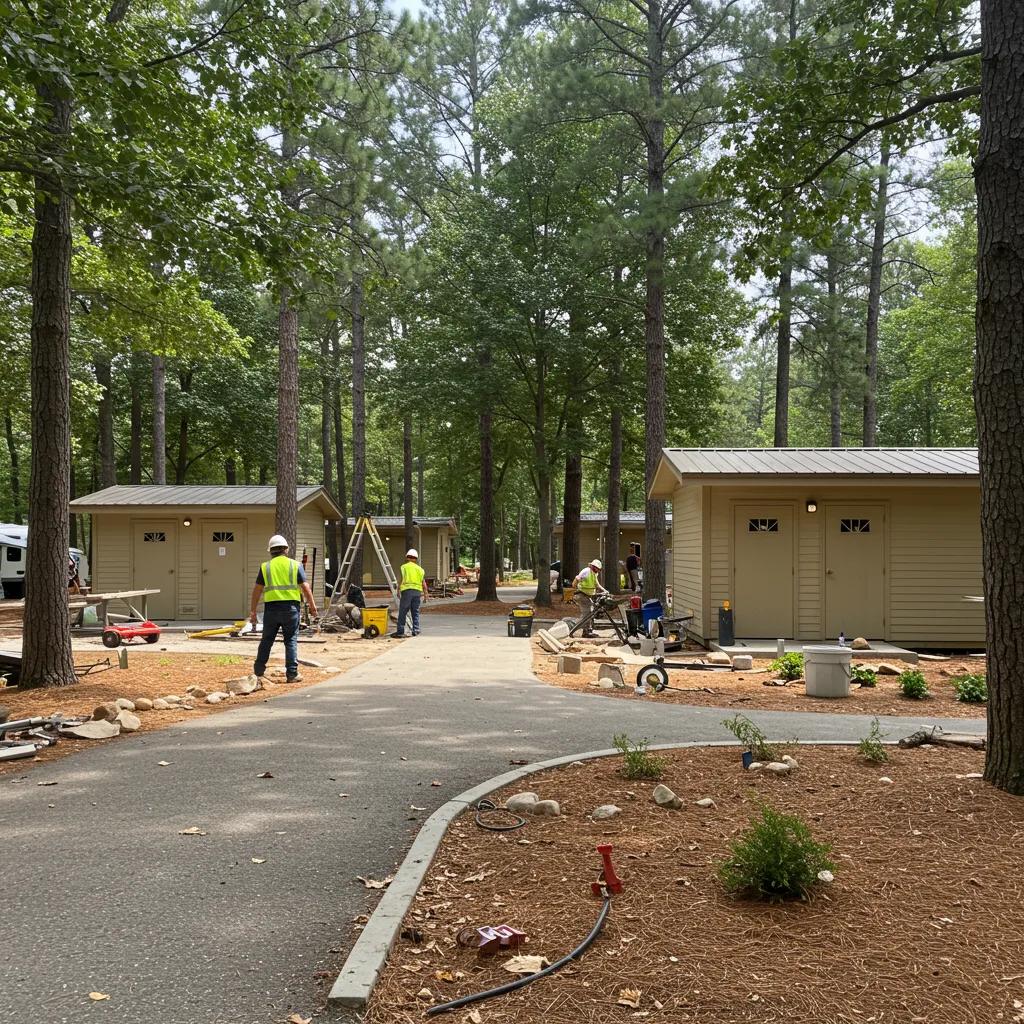 Campground improvements with workers enhancing facilities and landscaping for increased value