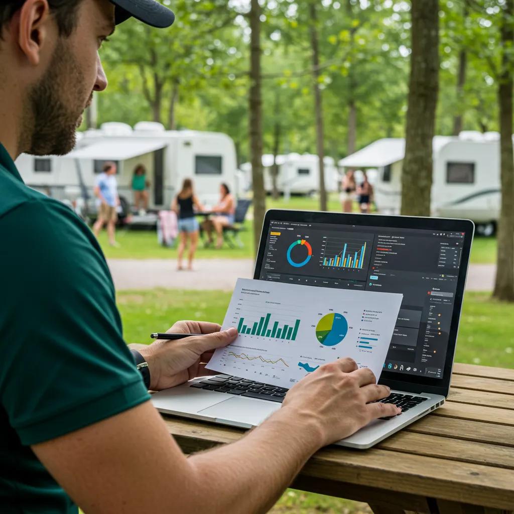 A campground manager intently analyzing data on a tablet to strategize dynamic pricing within a lively campground setting