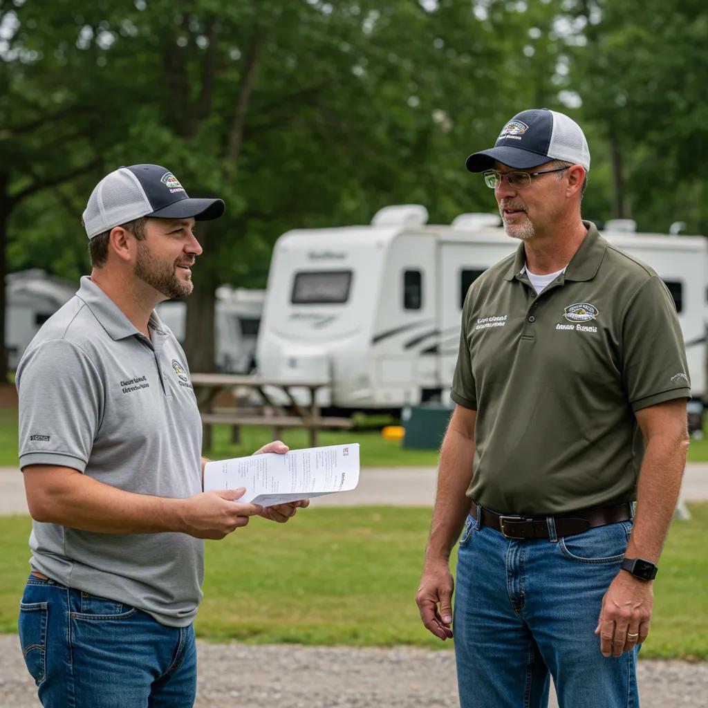 Campground manager discussing ownership transition with new owner in a friendly setting