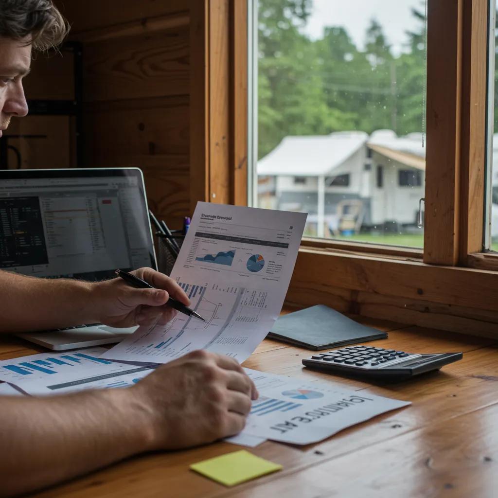 Campground manager reviewing financial documents in an office, emphasizing the importance of NOI calculation