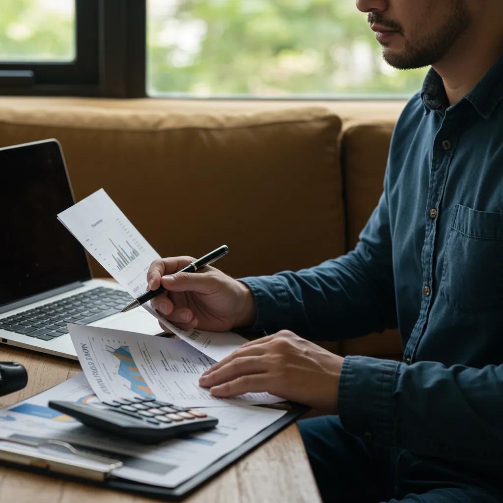 Campground owner analyzing financial documents for property valuation