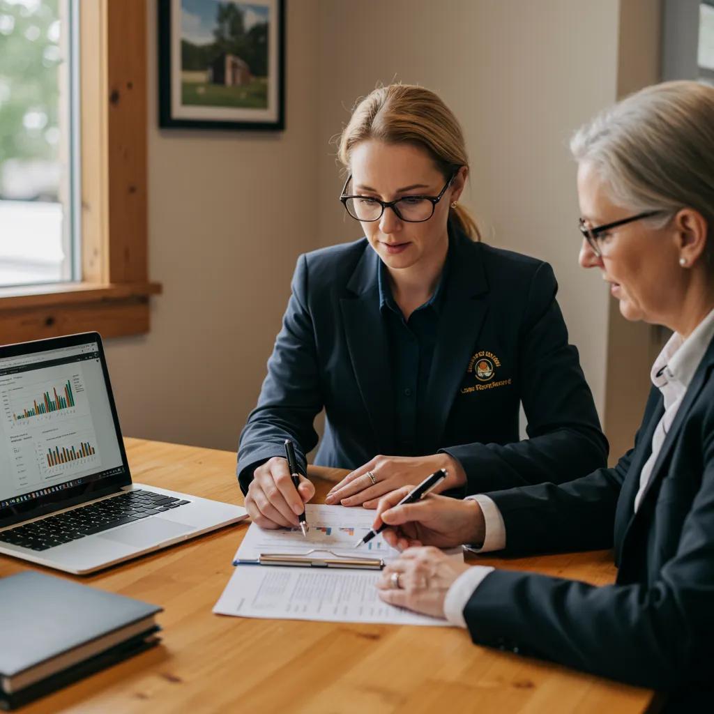 Campground owner and broker discussing financial documents in a professional setting