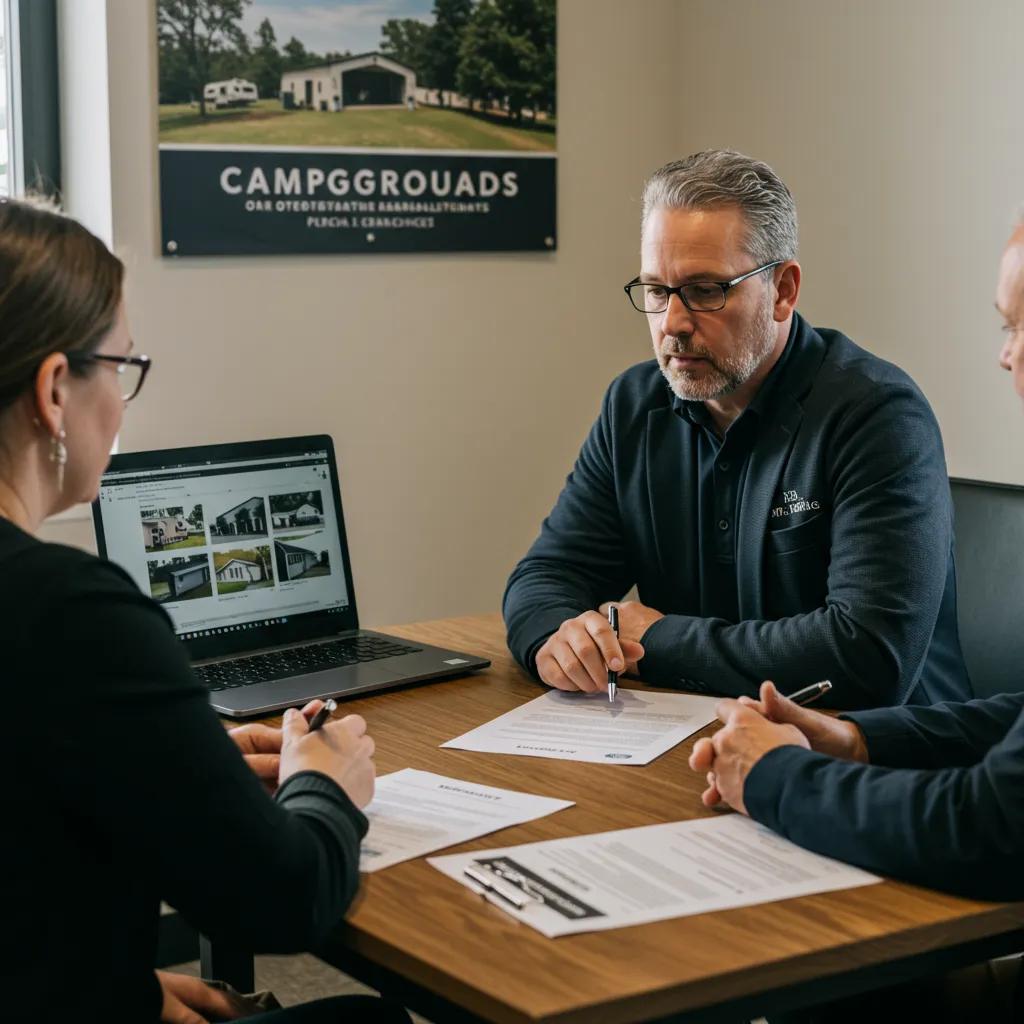 Campground owner consulting with a broker, highlighting the evaluation process for selecting the best RV park broker