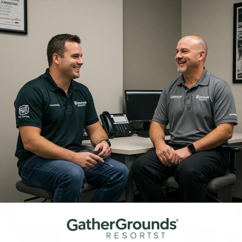 Campground owner discussing acquisition with GatherGrounds representative in a friendly office setting, emphasizing collaboration