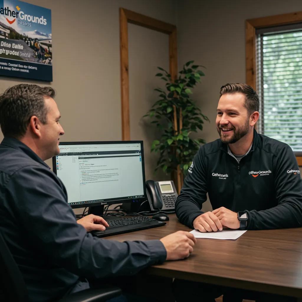 Campground owner discussing benefits of direct sale with GatherGrounds representative