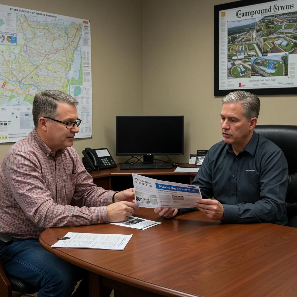 Campground owner discussing marketing strategies with a broker in a professional office setting