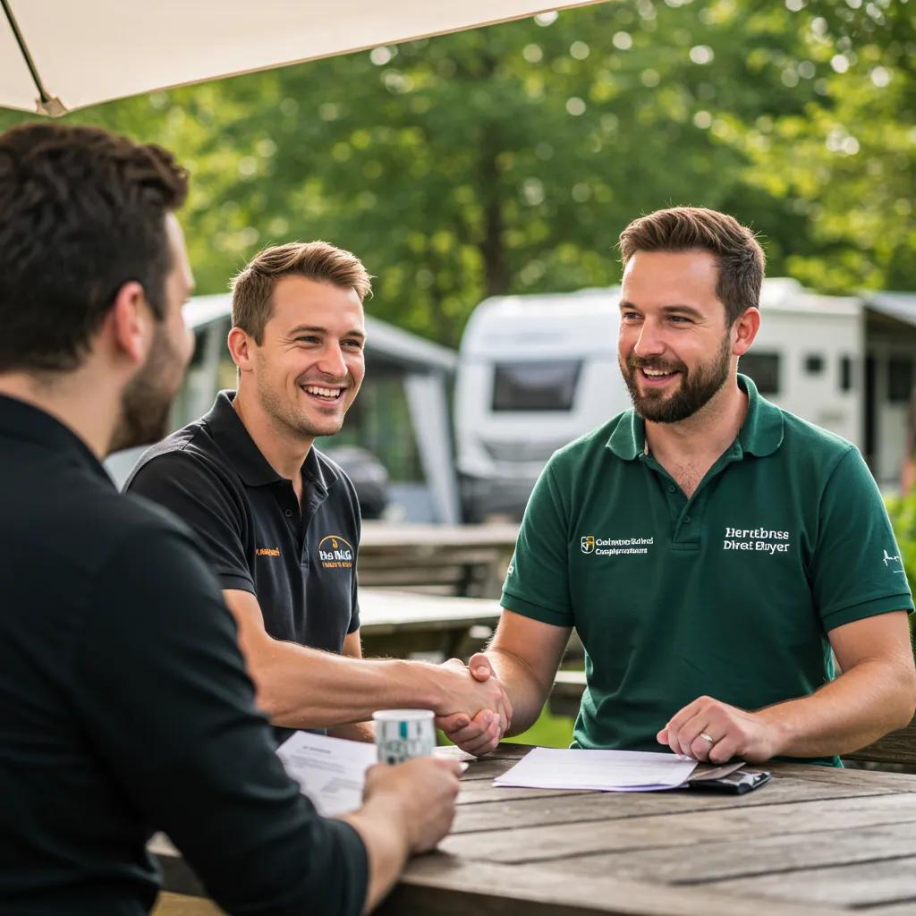 Campground owner discussing sale with a direct buyer, emphasizing trust and partnership in direct transactions