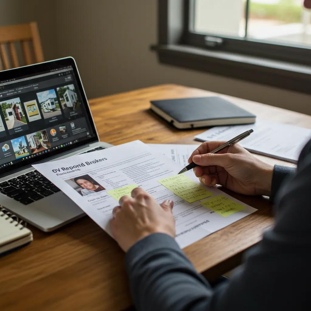 Campground owner evaluating proposals from RV resort brokers with documents and a laptop
