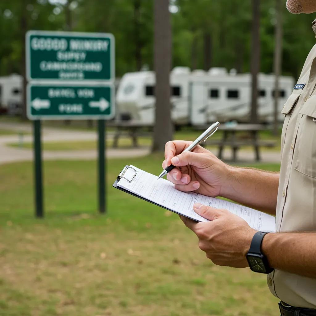 Campground owner inspecting a well-maintained site, showcasing preparation for sale