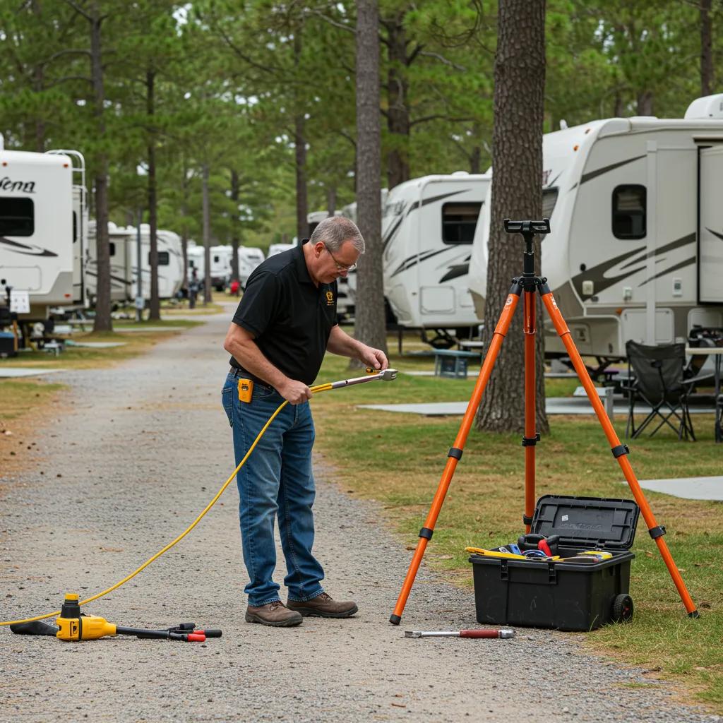 Campground owner inspecting RV pads and amenities to prepare for sale