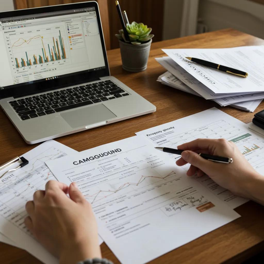Campground owner organizing financial records and documents in preparation for sale